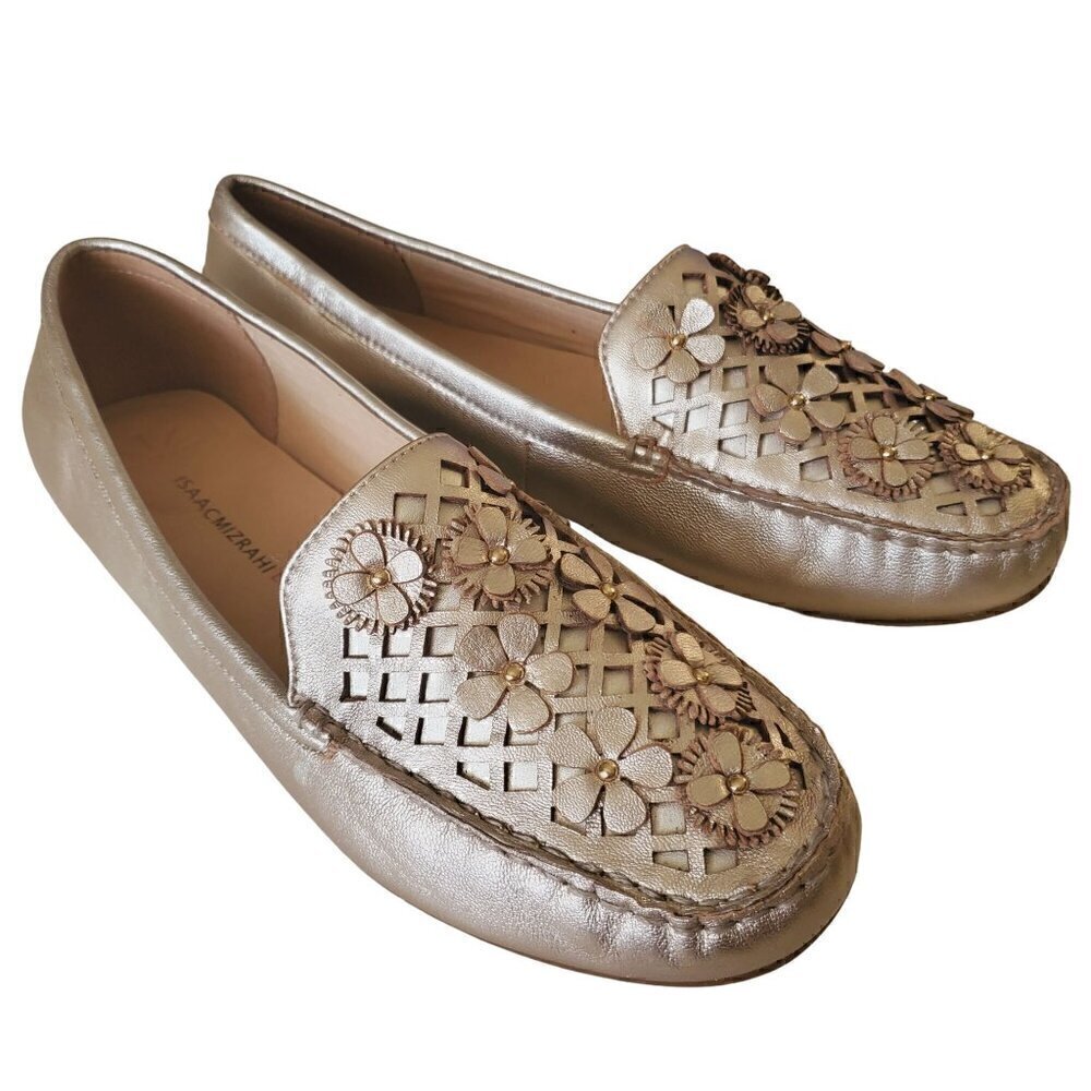 Isaac Mizrahi Gold Leather Flower Loafers, Woman's Gold Flats